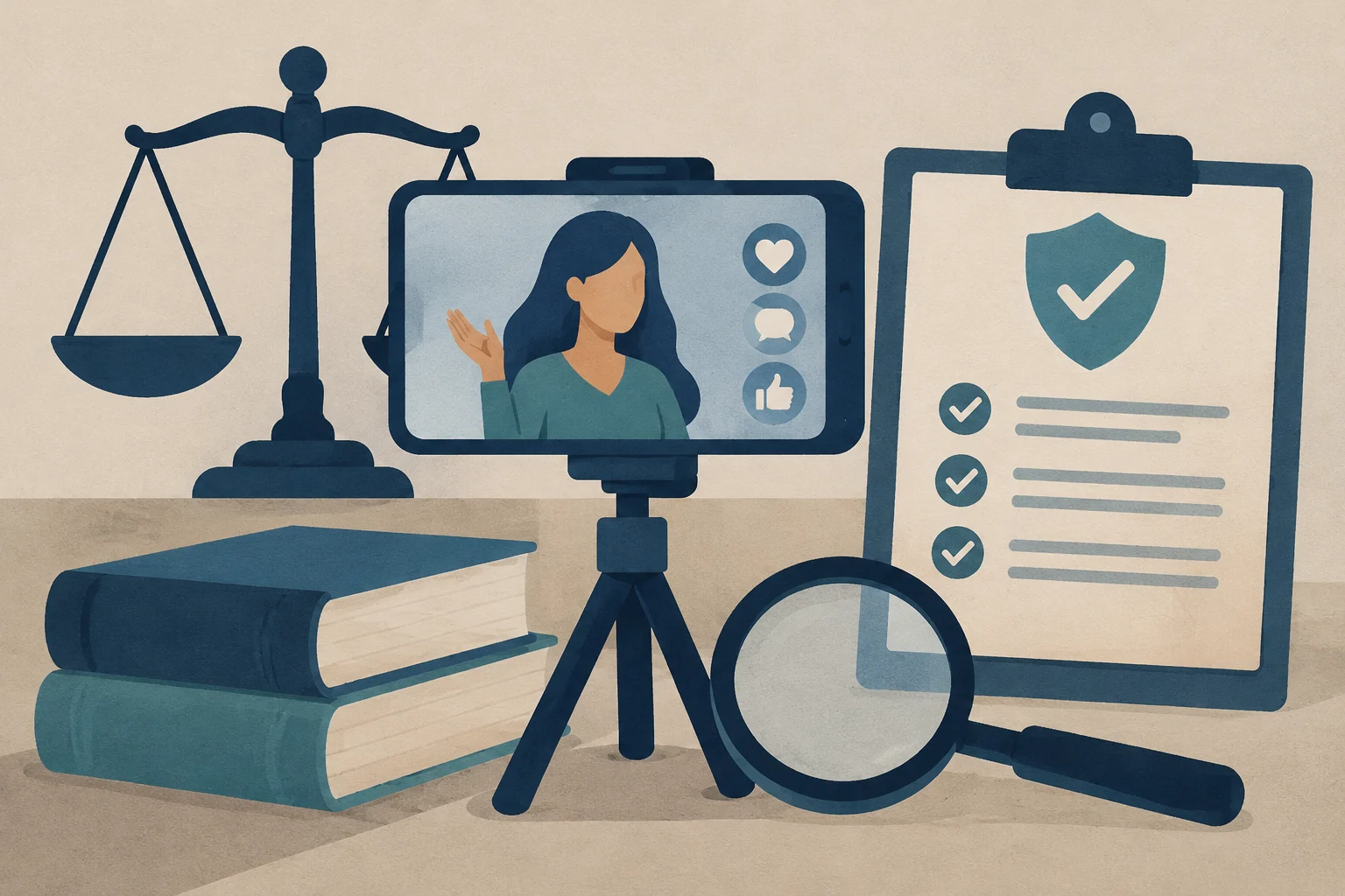 Illustrazione concettuale che mostra una bilancia della giustizia, libri di legge, uno smartphone con un creatore di contenuti, una lente d'ingrandimento e un elenco di controllo con uno scudo.