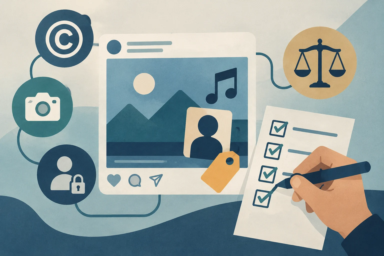 Illustrazione concettuale di un post sui social media circondata da icone di copyright, fotocamera, musica, privacy e bilancia della giustizia, accanto a una mano che spunta un elenco di controllo.