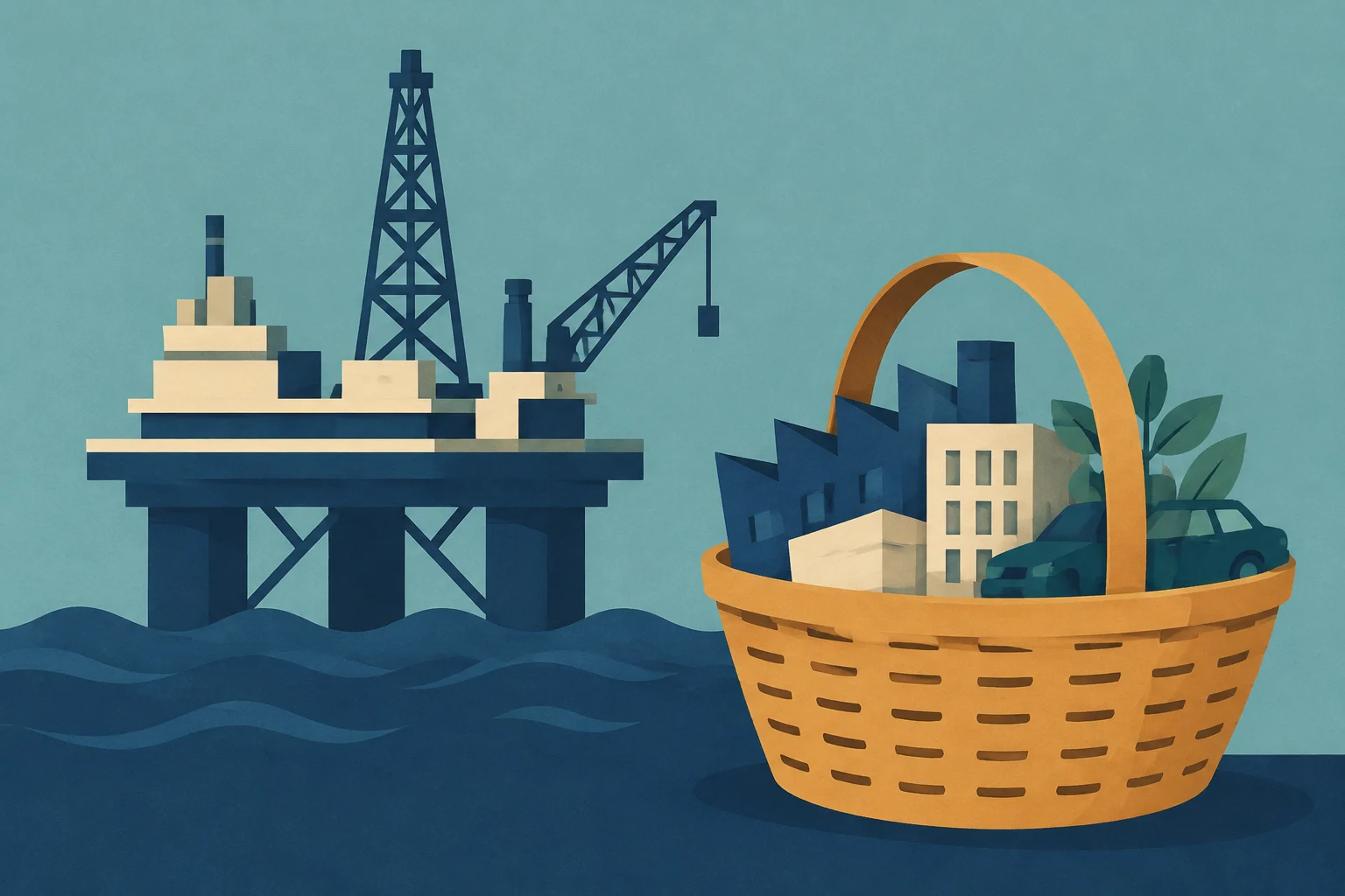Illustrazione concettuale che mostra una piattaforma petrolifera offshore a sinistra e un cesto di vimini a destra. All'interno del cesto ci sono edifici, un'auto e piante, a simboleggiare un portafoglio diversificato di attività.