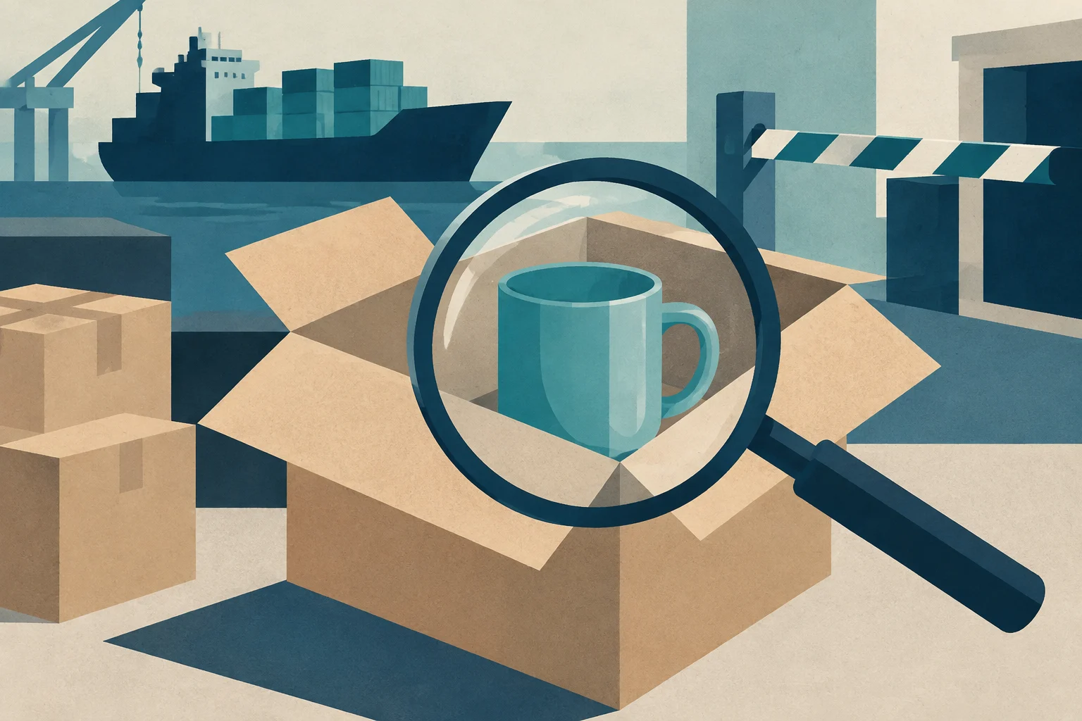 Illustrazione concettuale di una lente d'ingrandimento che esamina una tazza in una scatola di cartone aperta, con un porto e una nave cargo sullo sfondo.