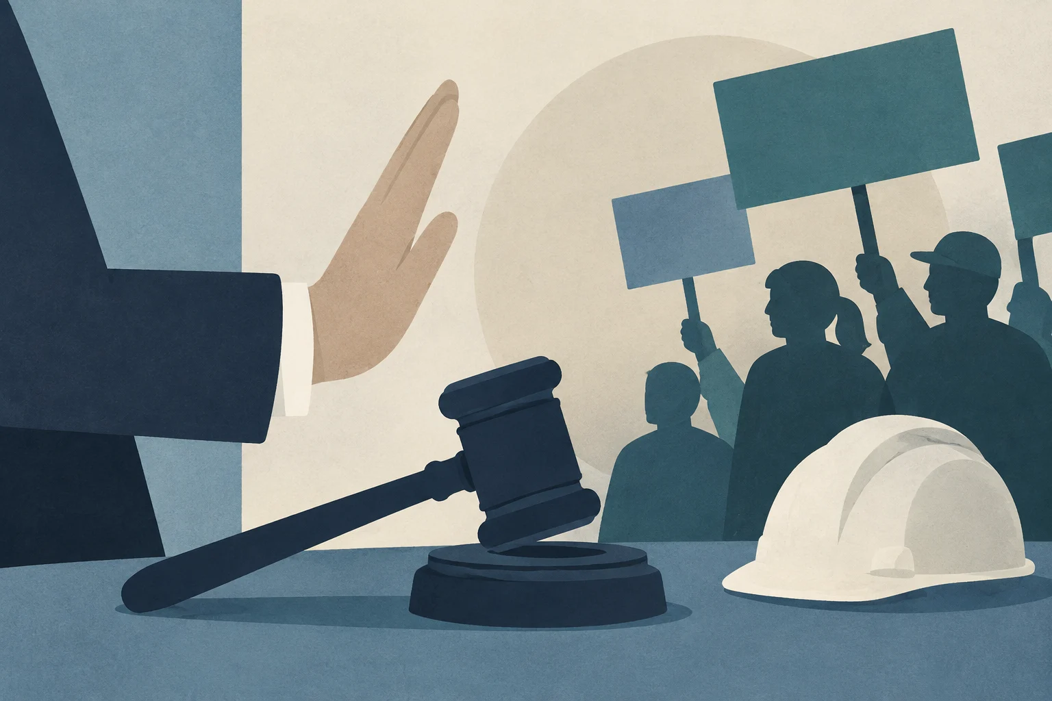 Illustrazione concettuale che mostra una mano in primo piano con un gesto di stop di fronte a un gruppo di manifestanti con cartelli vuoti e un martello del giudice su un tavolo.