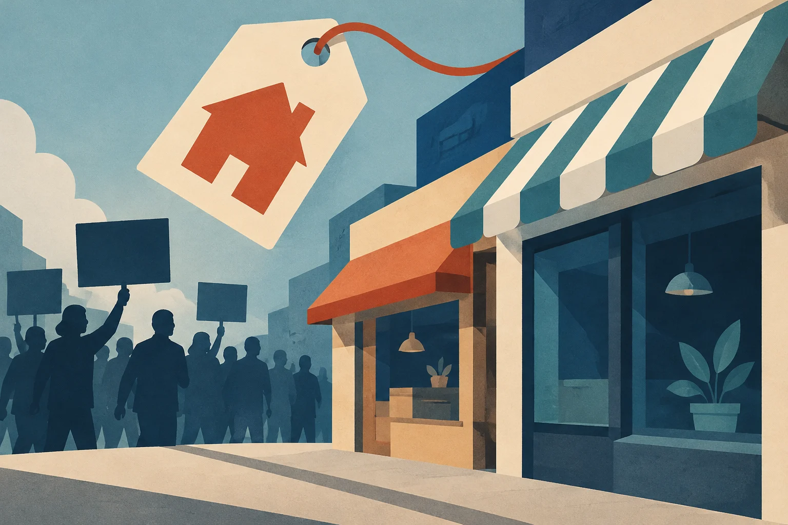 Illustrazione concettuale che mostra una folla di sagome in protesta davanti a un negozio locale, con un grande cartellino del prezzo a forma di casa che fluttua nel cielo.