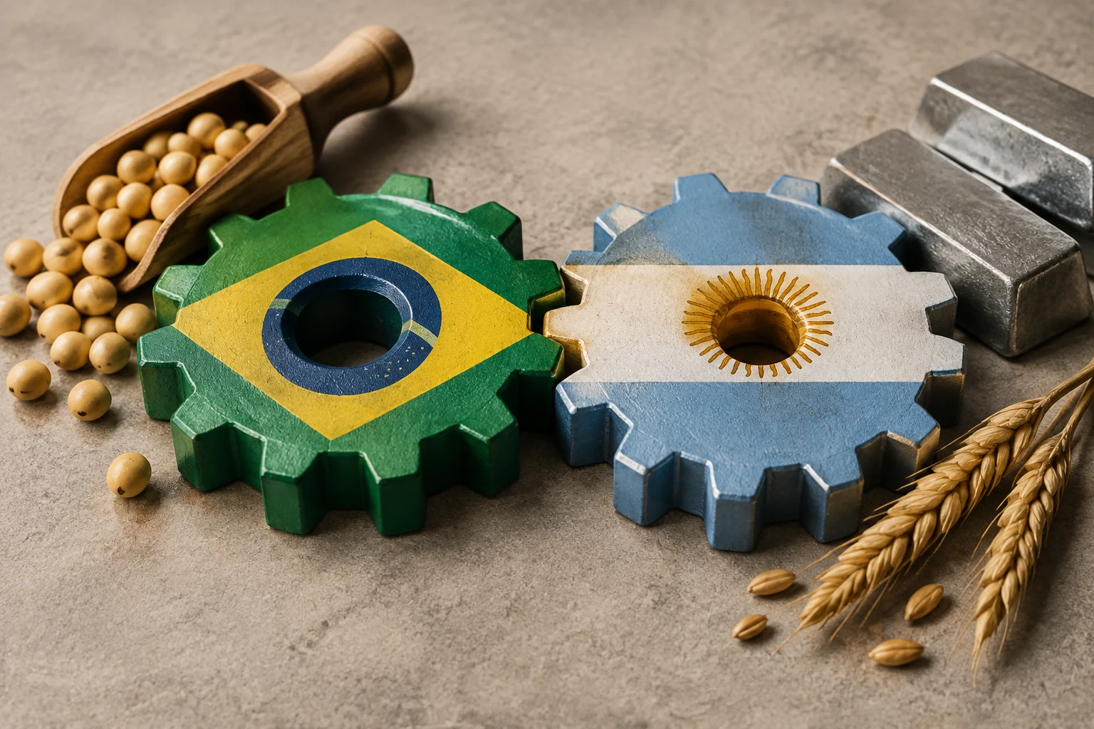 Due grandi ingranaggi incastrati, uno con i colori e l’emblema del Brasile e l’altro con quelli dell’Argentina, poggiano su una superficie di pietra. Intorno si vedono semi di soia, spighe di grano e lingotti metallici.