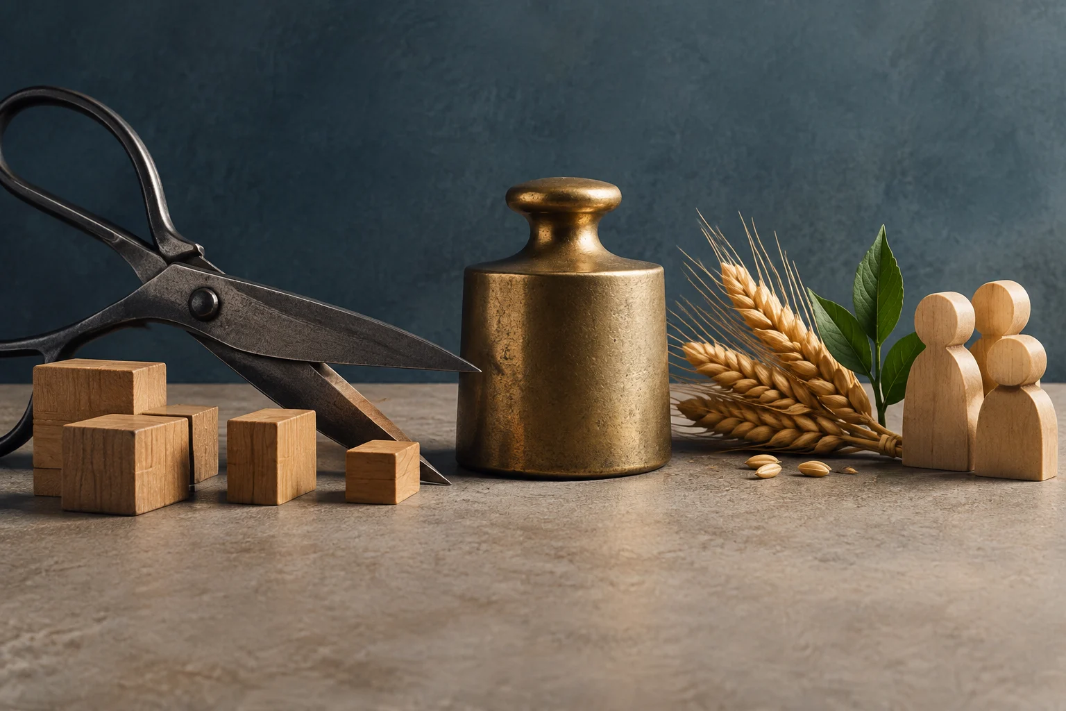 Forbici aperte, blocchi di legno, un peso di metallo, spighe di grano, una foglia verde e alcune figure umane di legno su un tavolo.