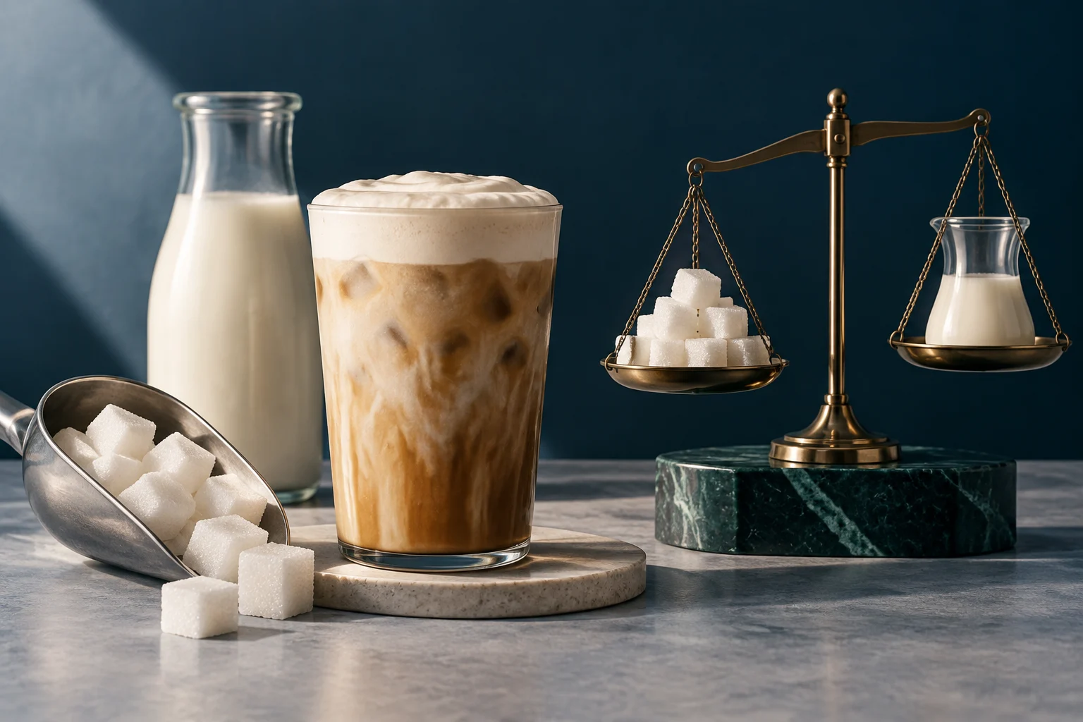 Um copo de café gelado com espuma está ao lado de uma garrafa de leite e cubos de açúcar; uma balança sustenta mais cubos de açúcar em um prato e uma pequena garrafa de leite no outro.