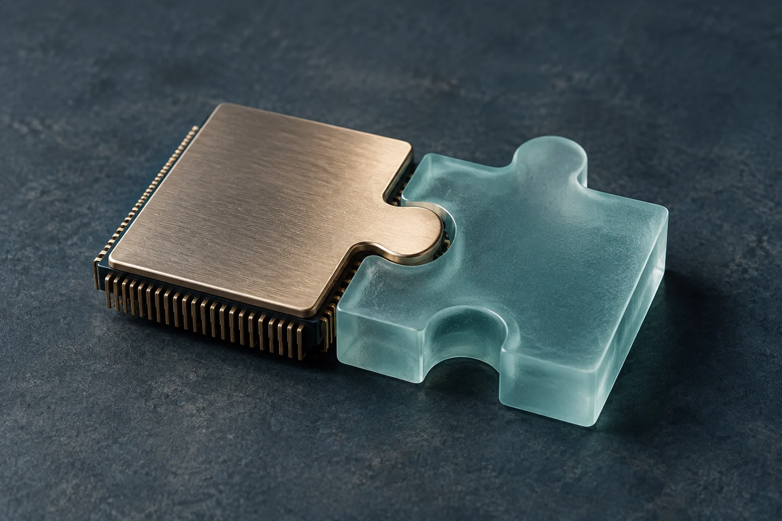 Um chip metálico encaixa-se com uma peça translúcida de quebra-cabeça sobre uma superfície escura.