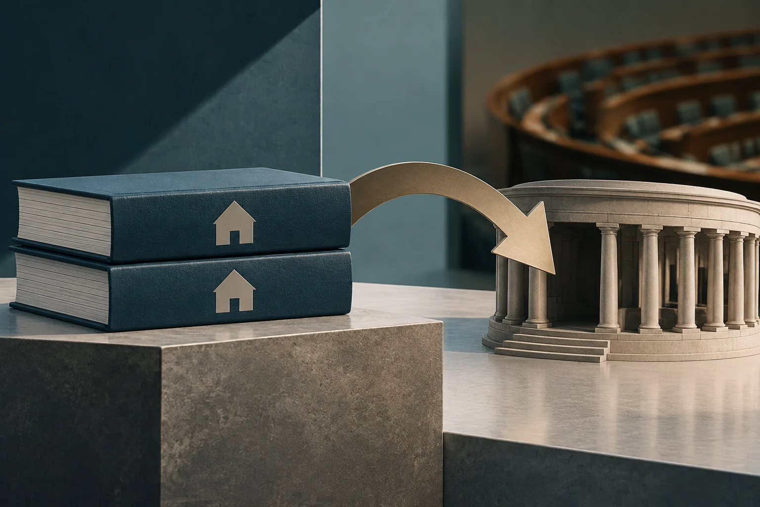 Dois livros escuros com ícones de casas estão ao lado de uma seta curva que aponta para um edifício clássico com colunas, sobre uma mesa.