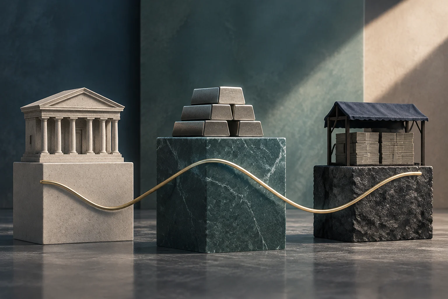 Uma ilustração mostra um edifício com colunas, vários lingotes e uma banca coberta com maços de cédulas, sobre pedestais ligados por uma linha dourada ondulada.