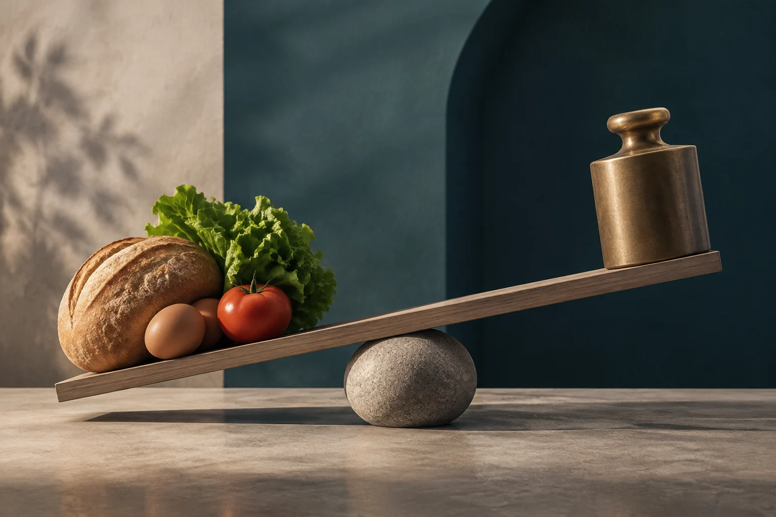 Uma tábua inclinada apoiada numa esfera de pedra sustenta pão, alface, um ovo e um tomate na extremidade mais baixa, e um peso metálico na mais alta.