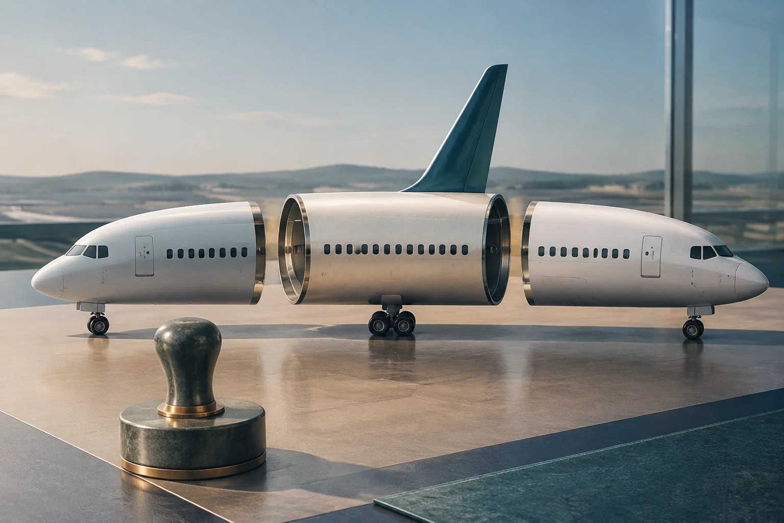 Avião de passageiros branco sem marcas, representado em três seções alinhadas numa pista, com um selo metálico em primeiro plano.