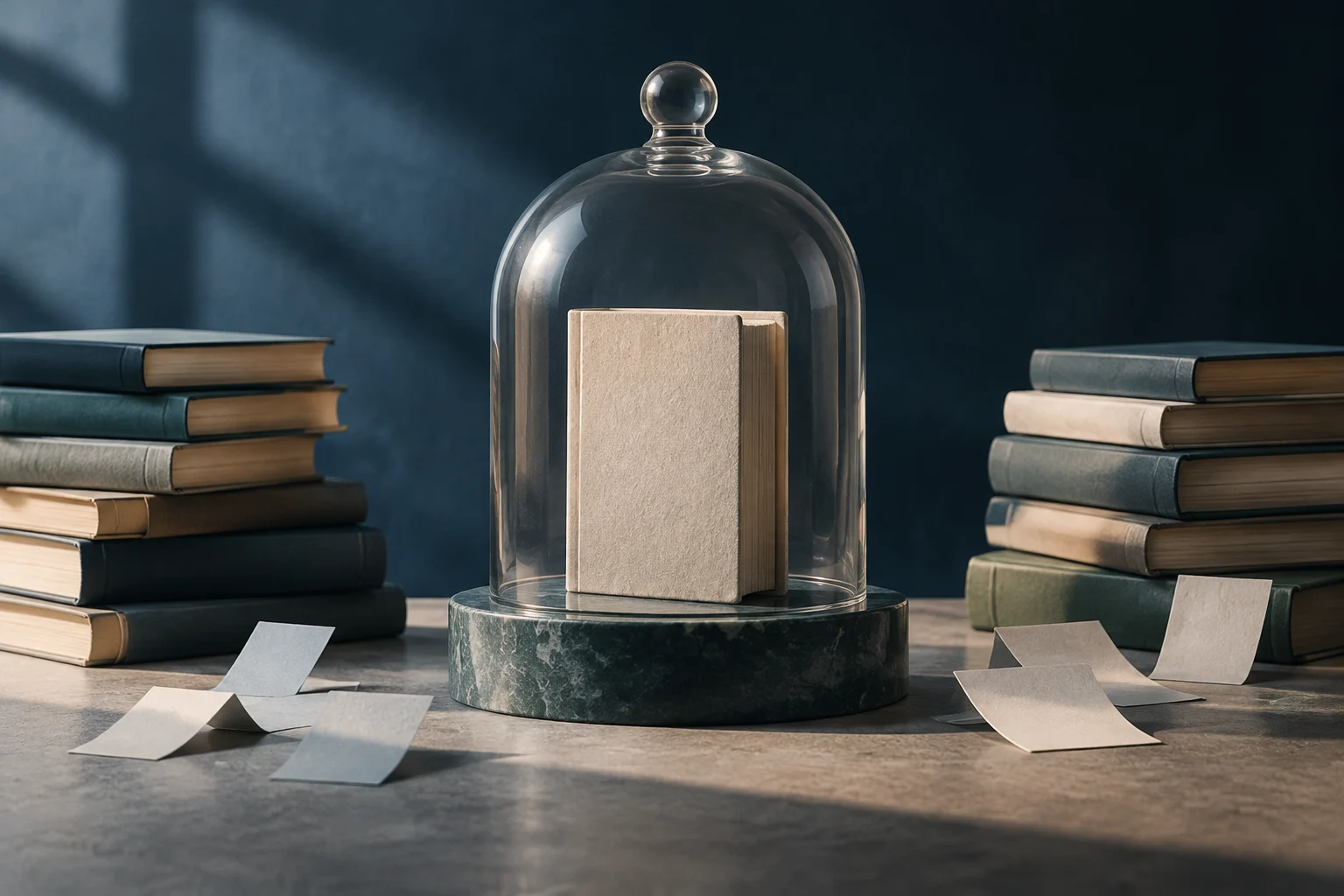 Um livro sem título está sob uma redoma de vidro sobre uma base escura; há pilhas de livros dos dois lados e folhas em branco espalhadas sobre a mesa.