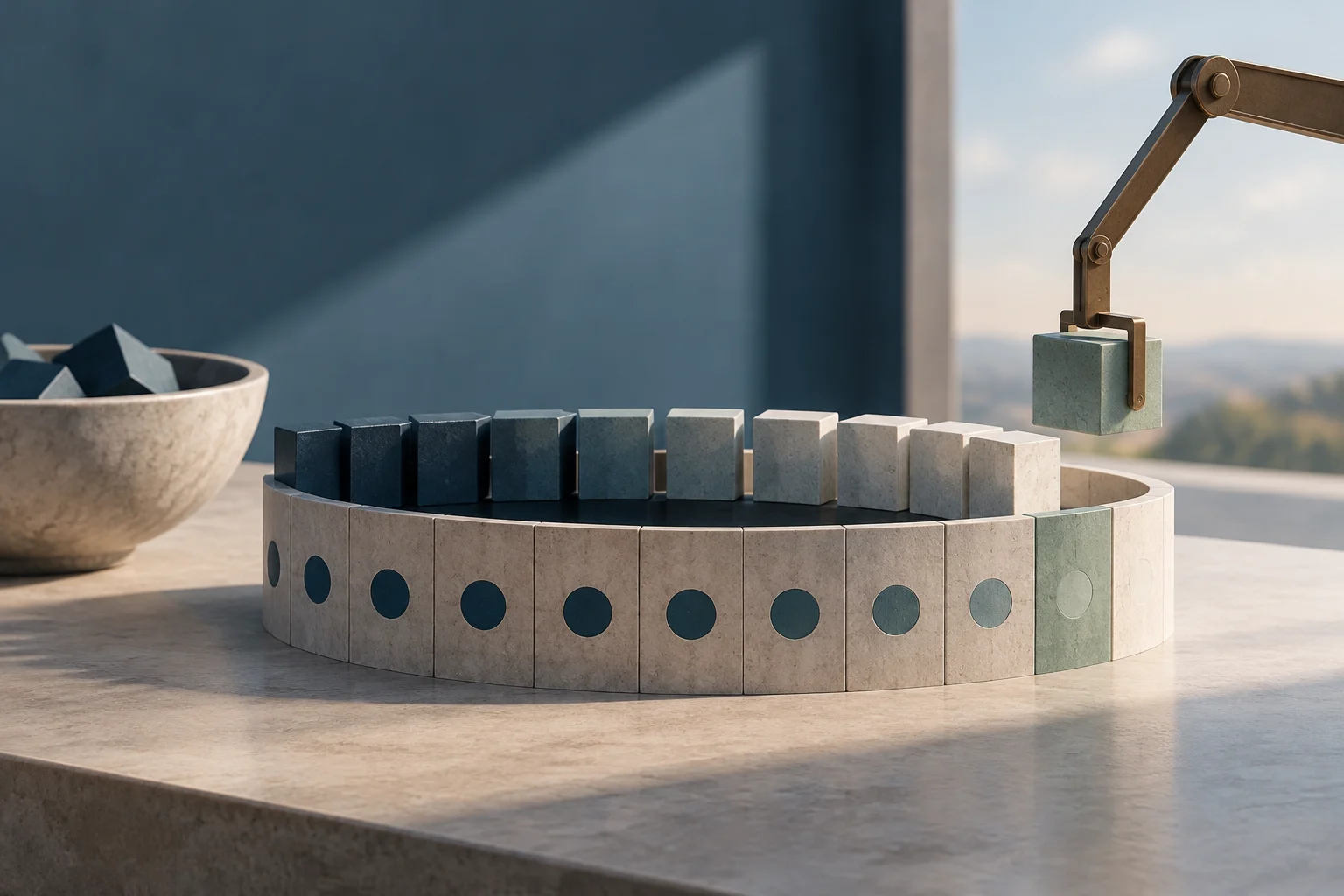 Uma sequência circular de blocos de pedra, com um braço mecânico segurando um bloco sobre um espaço vazio; ao fundo, há uma tigela com formas geométricas.
