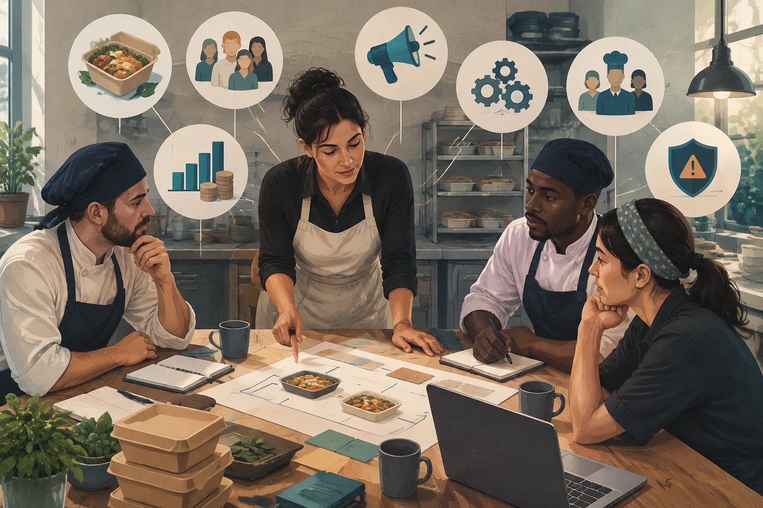 Ilustração de uma equipe reunida em uma cozinha, examinando documentos ao lado de recipientes com comida. Ao redor aparecem ícones de alimentos, pessoas, um megafone, engrenagens, um gráfico de barras com moedas e um escudo.