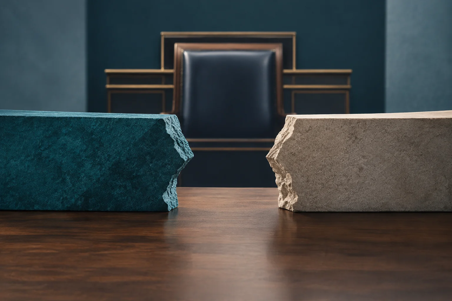 Dois blocos de pedra separados, um azul-esverdeado e outro cinza, ladeiam uma cadeira escura atrás de uma mesa de madeira.
