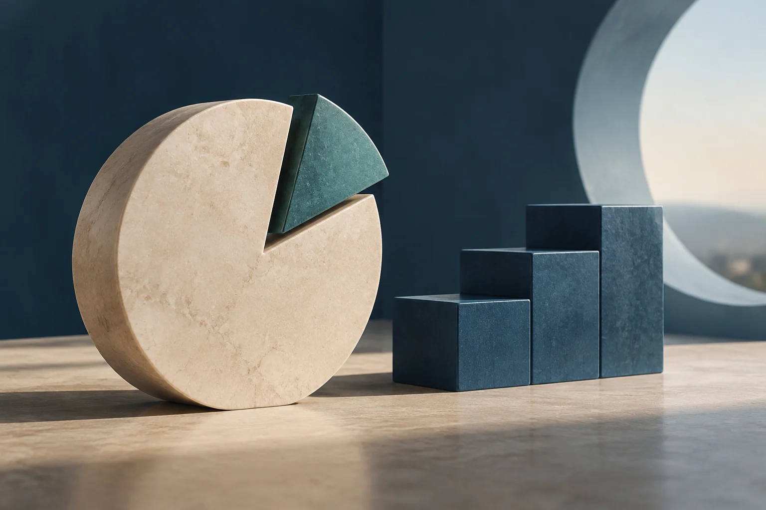 Um círculo de pedra clara com um segmento verde separado fica ao lado de três blocos azul-escuros de altura crescente, sobre uma superfície iluminada.