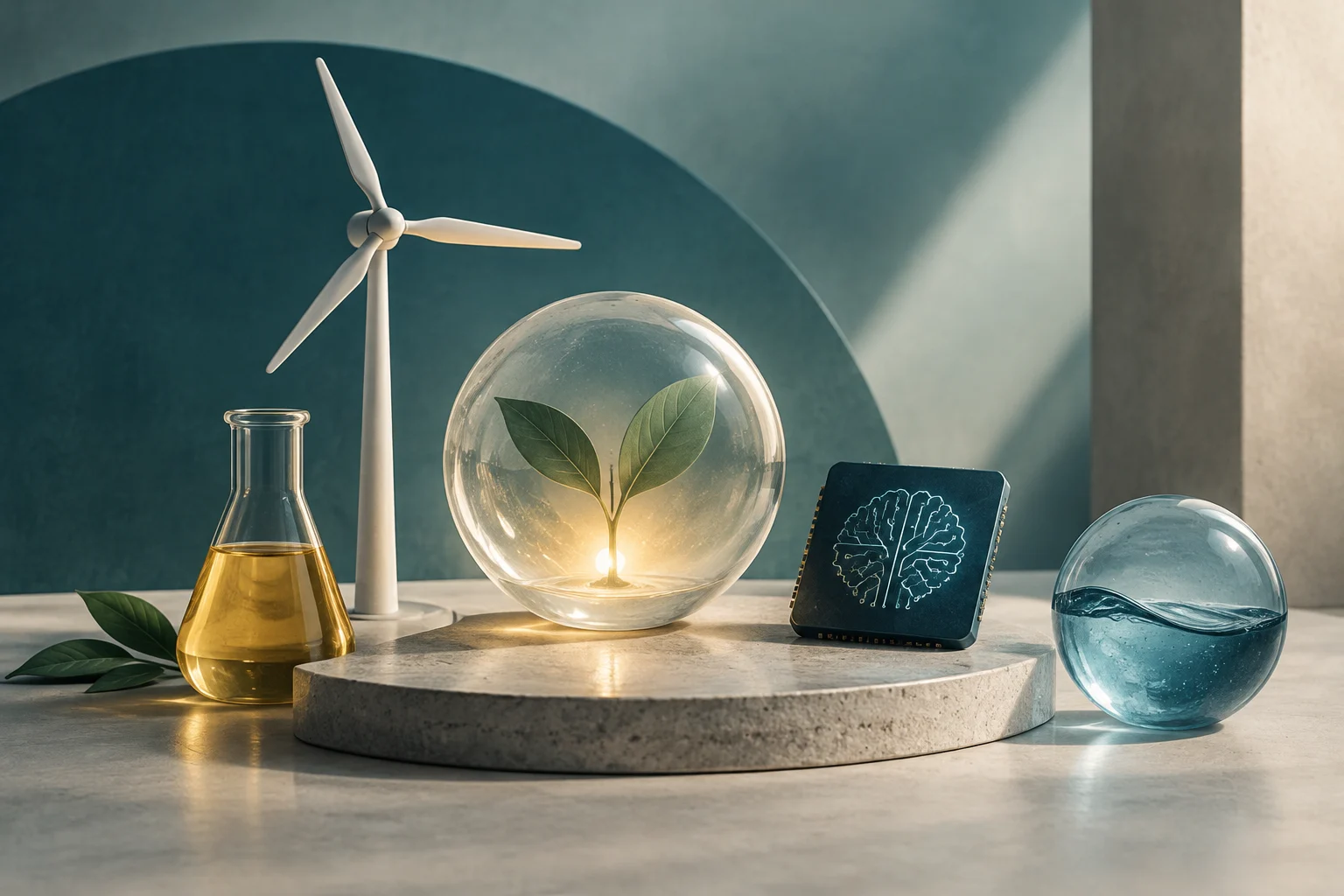 Natureza-morta conceptual com uma pequena turbina eólica, um frasco com líquido dourado, uma esfera de vidro com folhas, um chip com um desenho de cérebro e uma esfera de água.