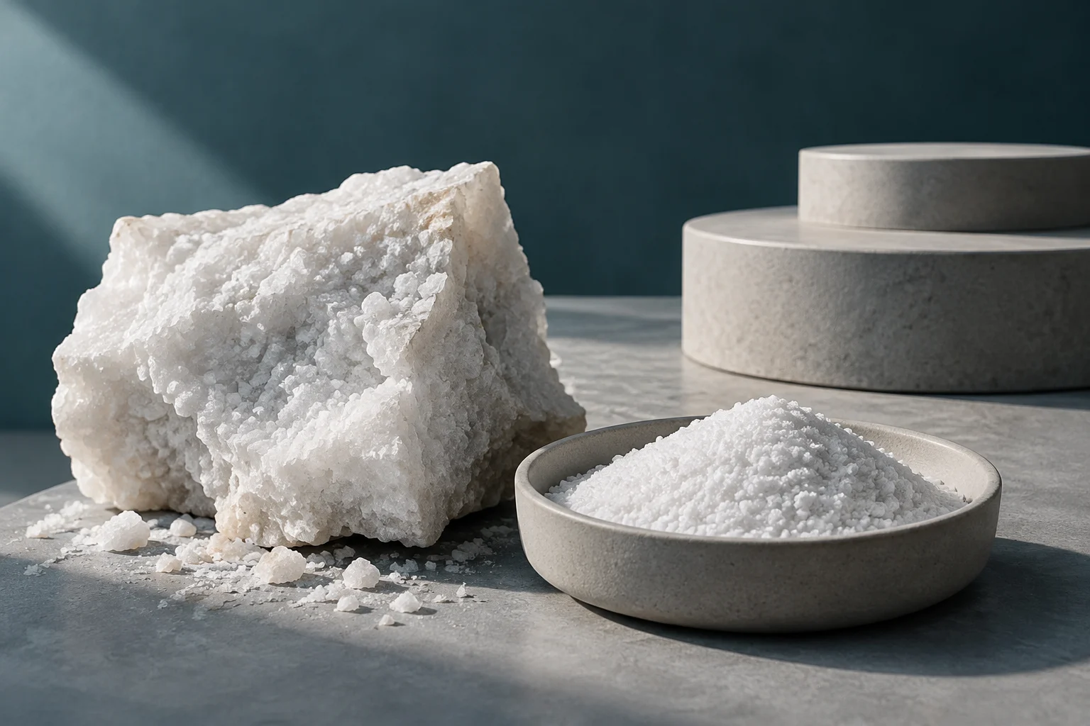 Um bloco de material cristalino branco ao lado de pó granulado em uma tigela, sobre uma superfície cinza; ao fundo há dois recipientes cilíndricos de pedra.