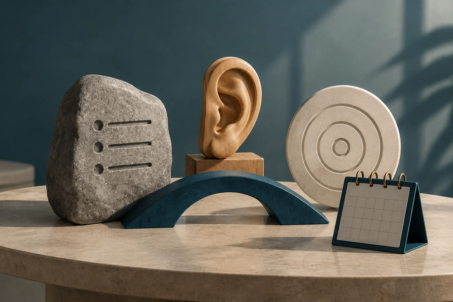 Sobre uma mesa há uma peça de pedra com três marcas de lista, uma orelha de madeira, um disco com círculos concêntricos e um calendário de mesa em branco. Um arco escuro liga visualmente os objetos.