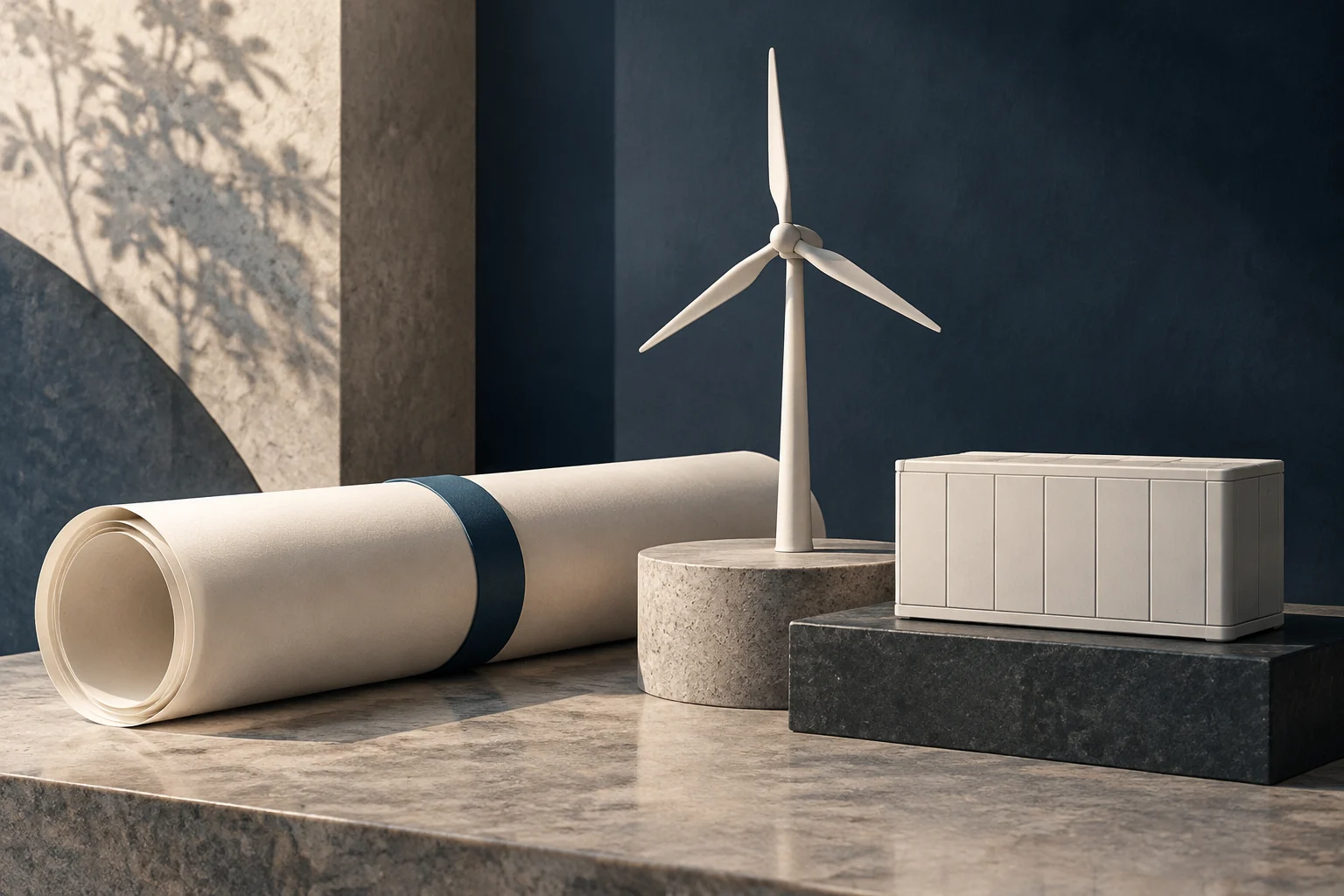Uma maquete de turbina eólica ao lado de um armário de baterias e de uma planta enrolada, sobre pedestais de pedra.