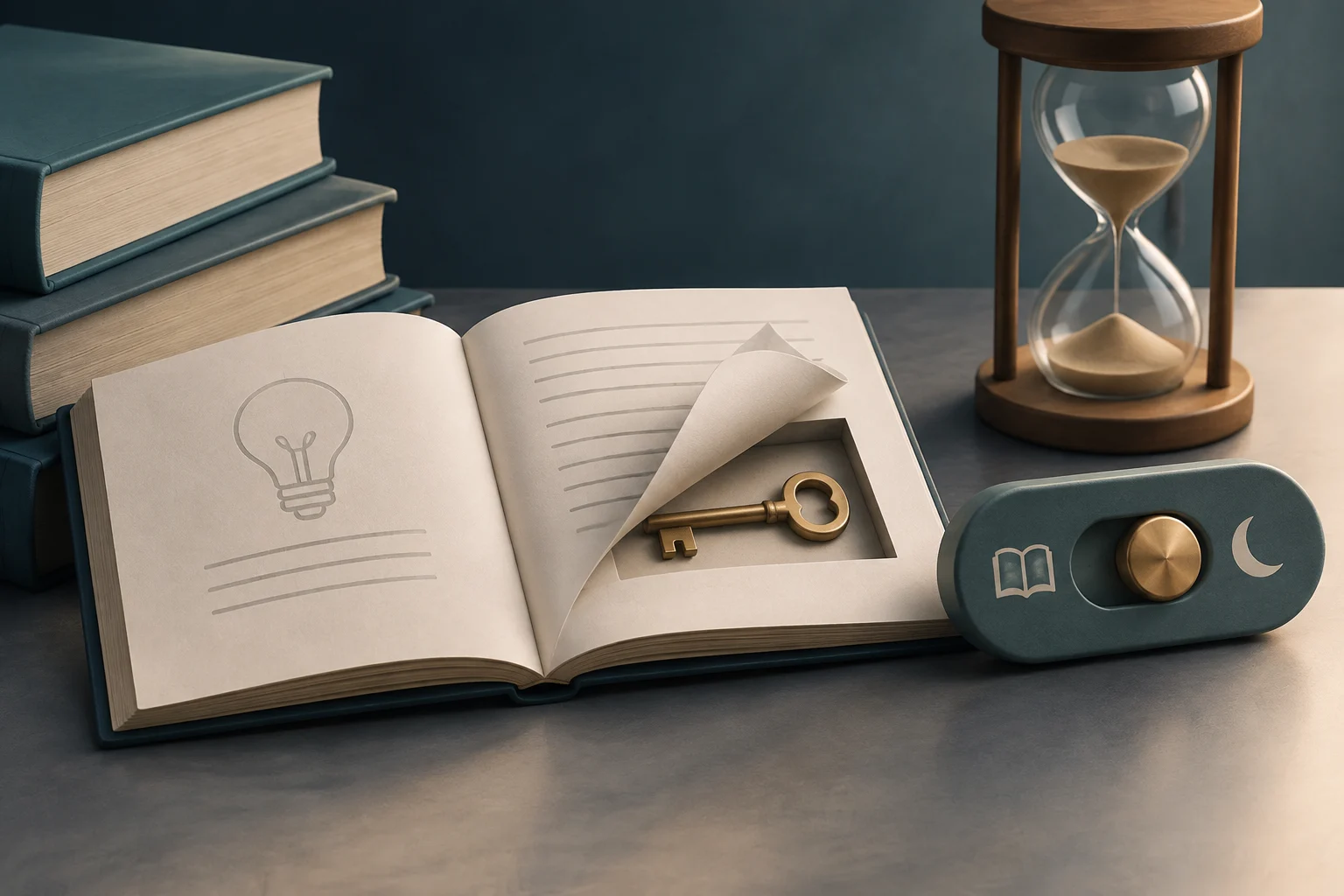 Um livro aberto com uma chave escondida sob uma página levantada, ao lado de vários livros, uma ampulheta e um seletor com ícones de livro e lua.