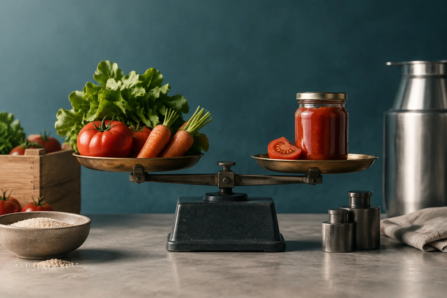 Uma balança antiga sustenta vegetais frescos num prato e um frasco de molho de tomate com uma fatia de tomate no outro. Ao redor, há mais vegetais, uma tigela com grãos, pesos e um recipiente metálico.
