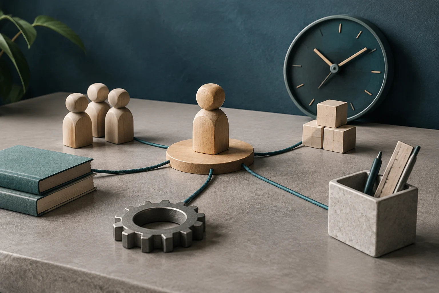 Figuras de madeira estão sobre uma mesa: uma fica numa base central e está ligada por cordões a outras figuras, blocos, uma engrenagem e objetos de escritório. Ao fundo, há um relógio sem números.