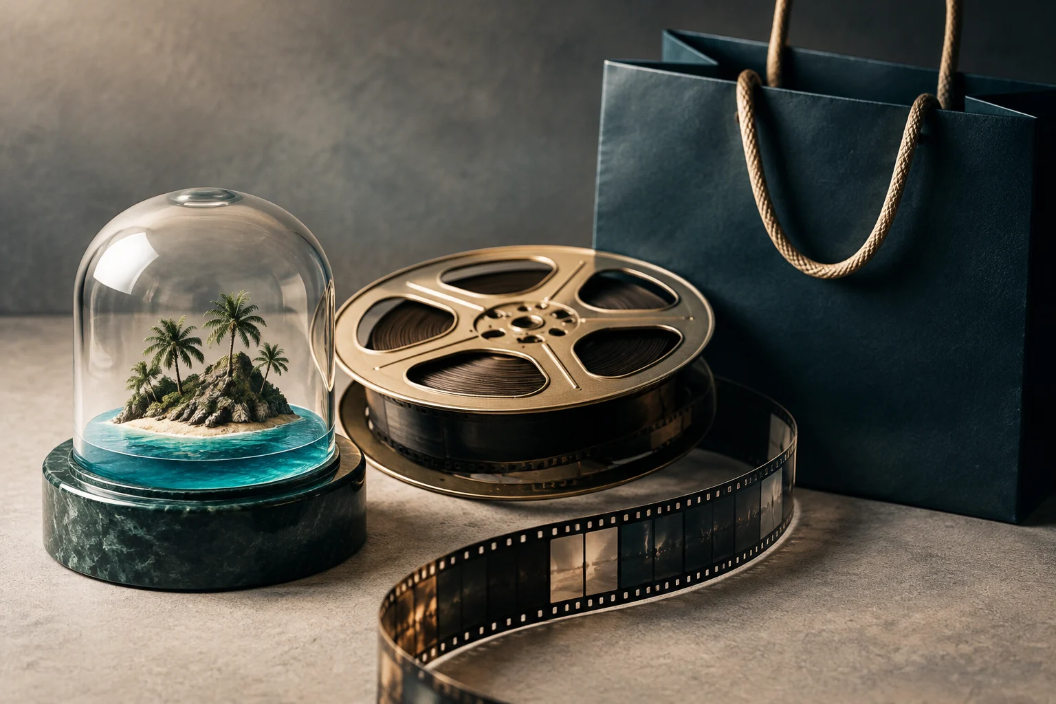 Uma bobina metálica e uma tira de filme ao lado de uma sacola de compras escura; sob uma redoma de vidro há uma pequena ilha tropical rodeada de água.