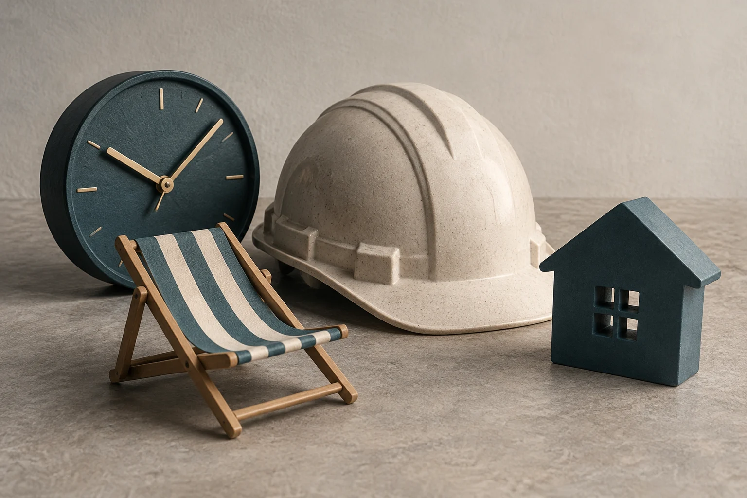 Um relógio escuro, um capacete de segurança, uma cadeira dobrável listrada e uma pequena casa estão sobre uma superfície de pedra.