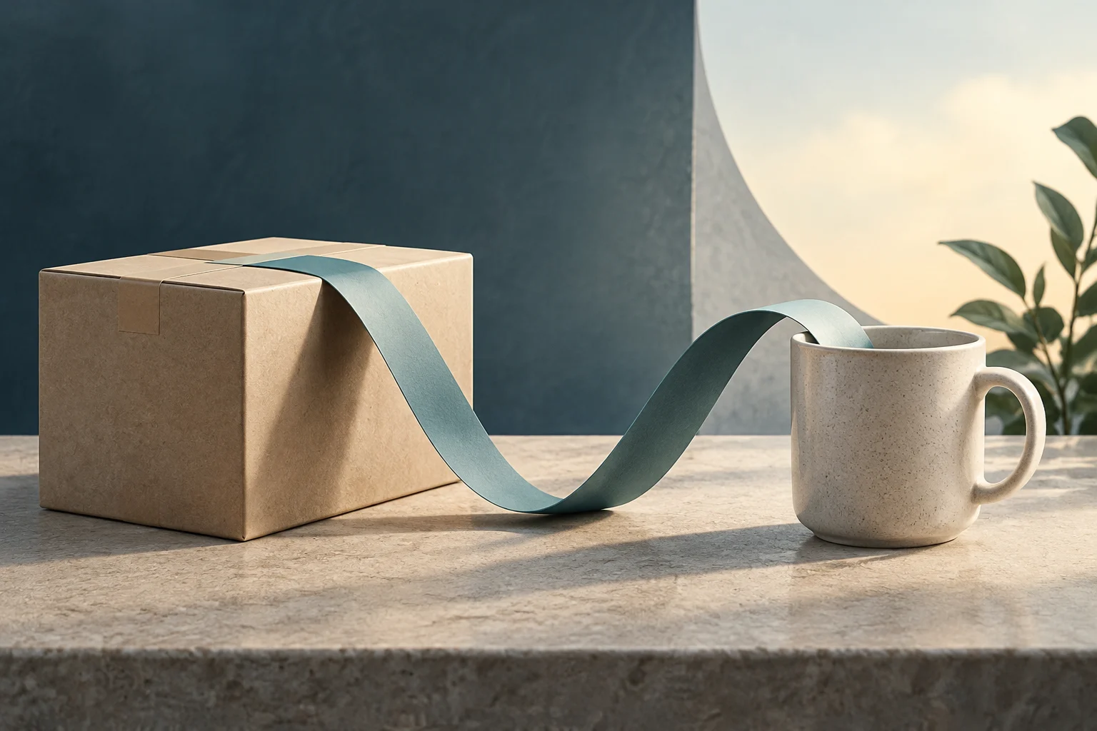 Uma caixa de papelão e uma caneca de cerâmica estão sobre uma mesa de pedra, ligadas por uma fita azul-esverdeada que faz uma curva entre elas.