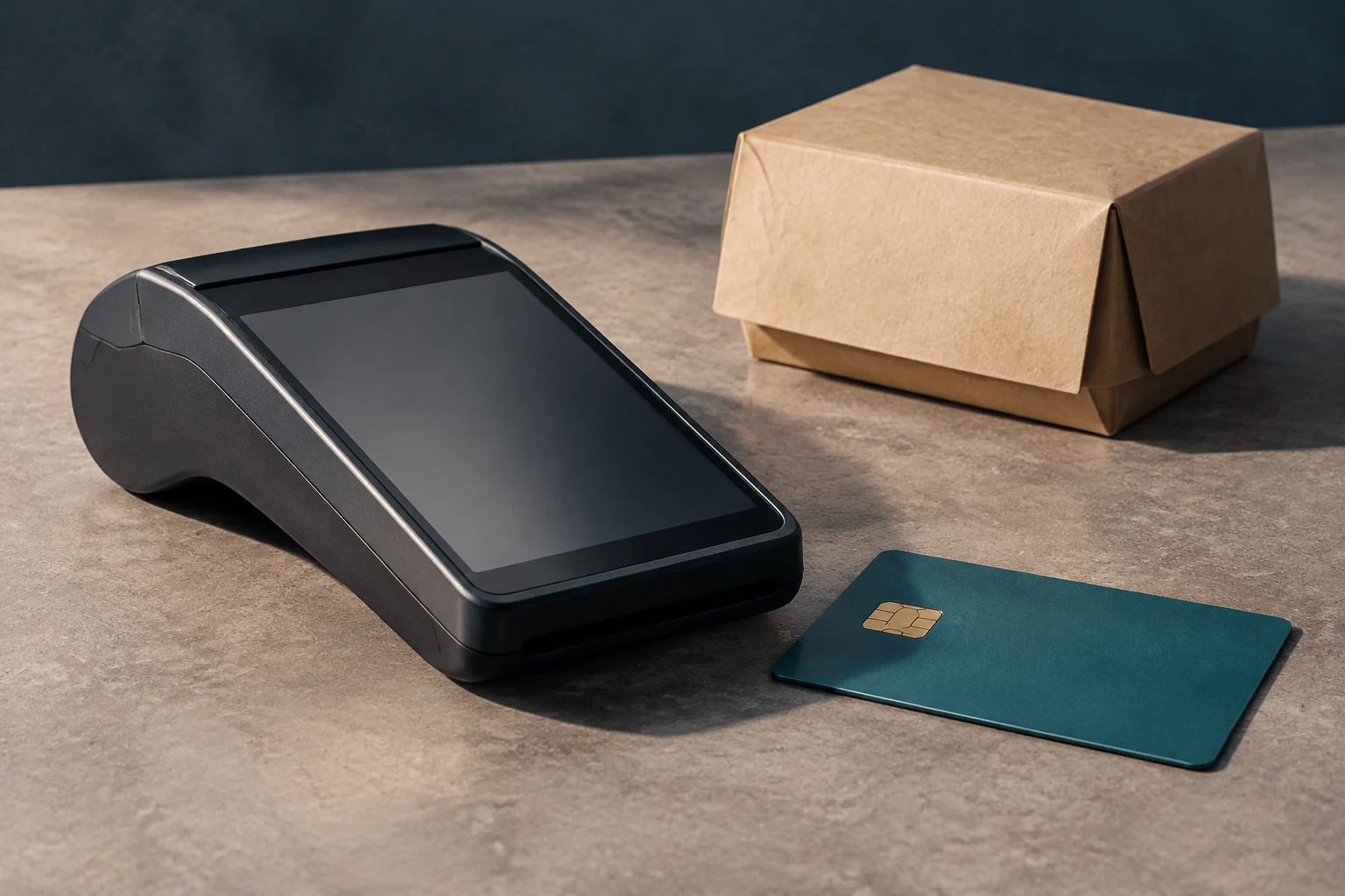 Um terminal de pagamento preto, um cartão sem marca visível e uma embalagem de cartão sobre uma superfície de pedra.