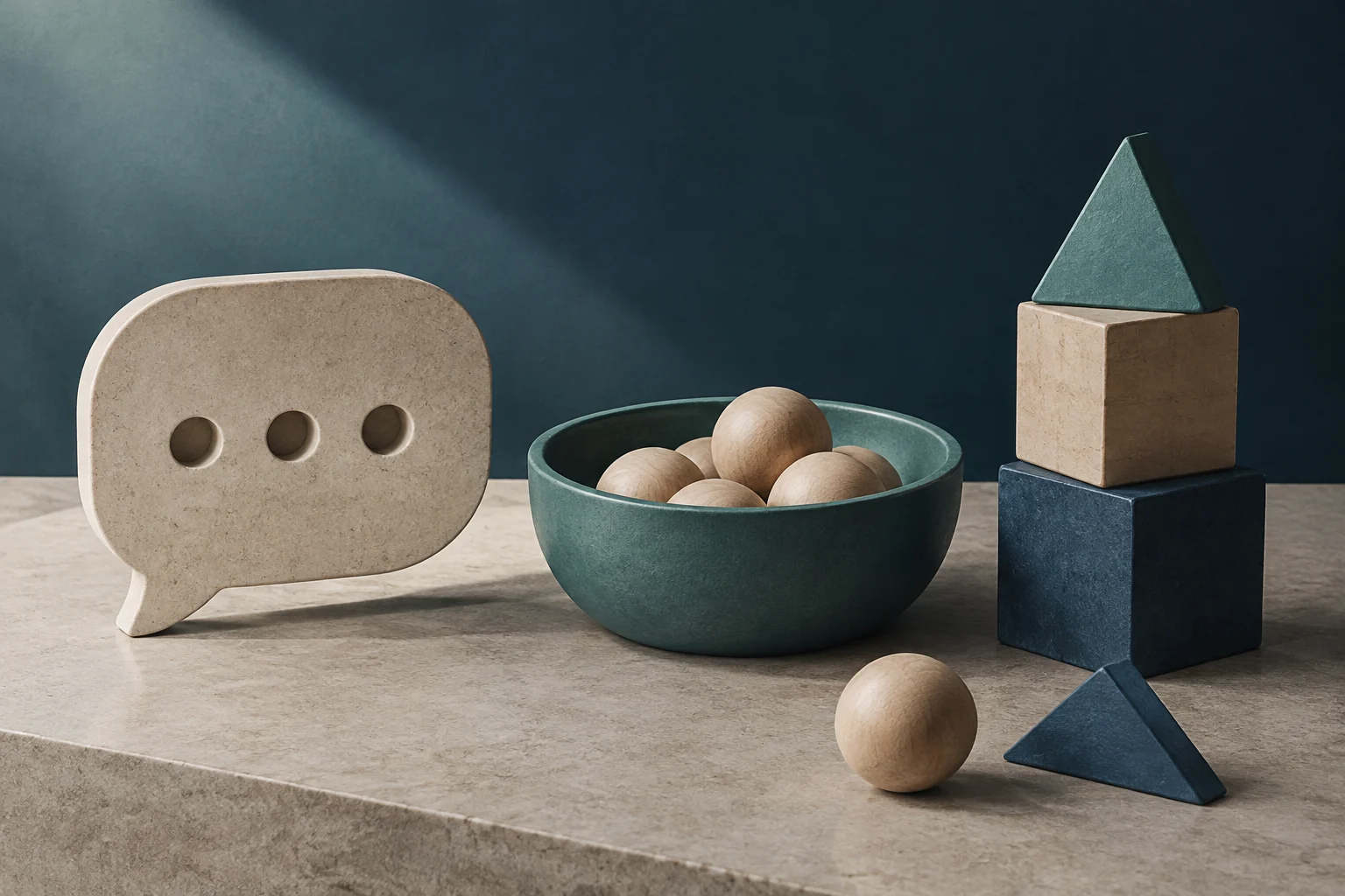 Um balão de fala de pedra com três pontos ao lado de uma tigela verde com esferas de madeira e algumas formas geométricas empilhadas.