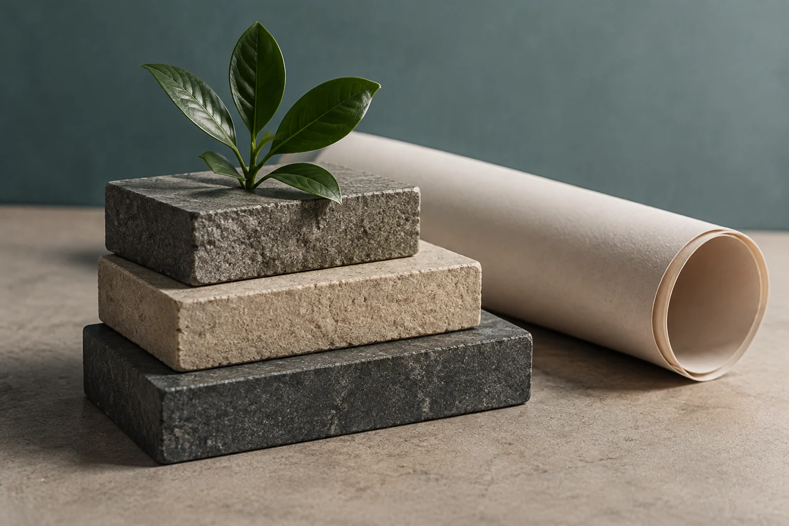 Um pequeno broto verde cresce sobre três blocos de pedra empilhados, ao lado de um rolo de papel em branco.