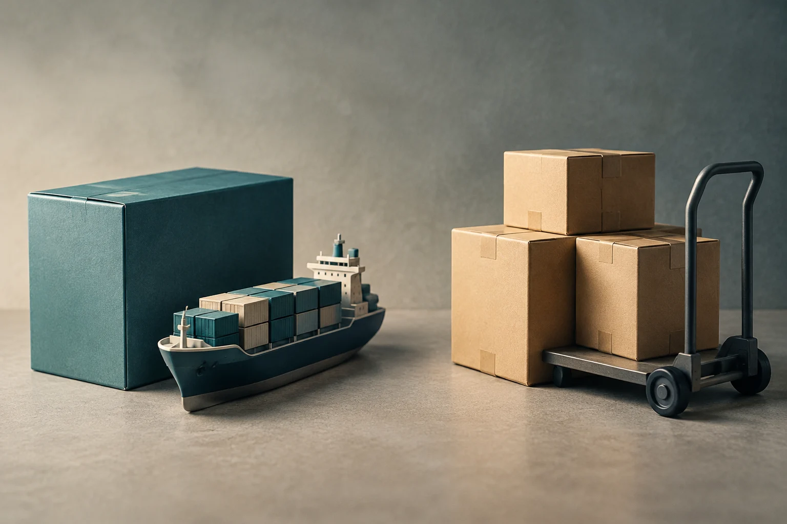 Um navio cargueiro em miniatura com contêineres está ao lado de uma grande caixa azul; do outro lado, várias caixas de papelão estão empilhadas em um carrinho de mão.