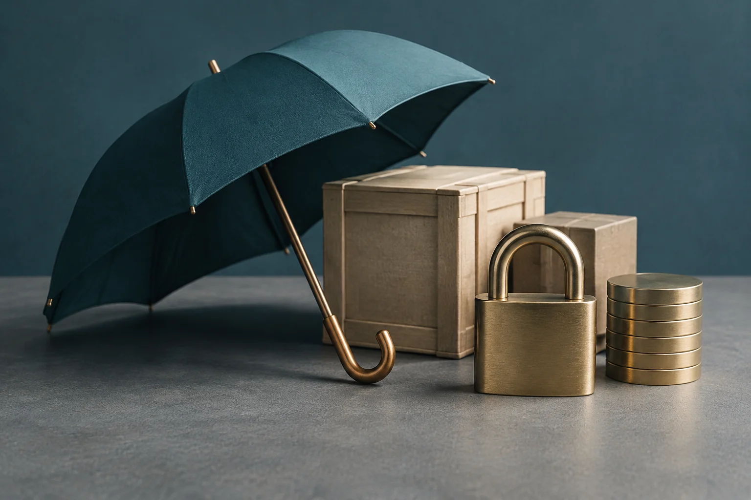 Um guarda-chuva aberto ao lado de várias caixas, um cadeado e uma pilha de moedas.