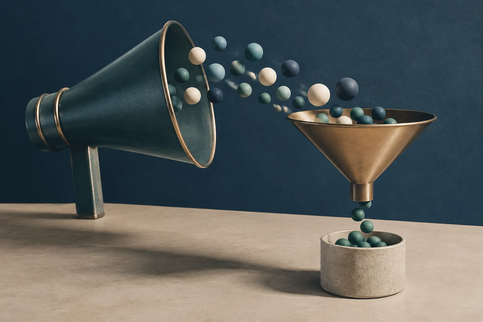 Ilustração conceitual de um megafone verde-azulado emitindo esferas para um funil dourado, que as filtra para um recipiente de pedra, representando o funil de marketing.
