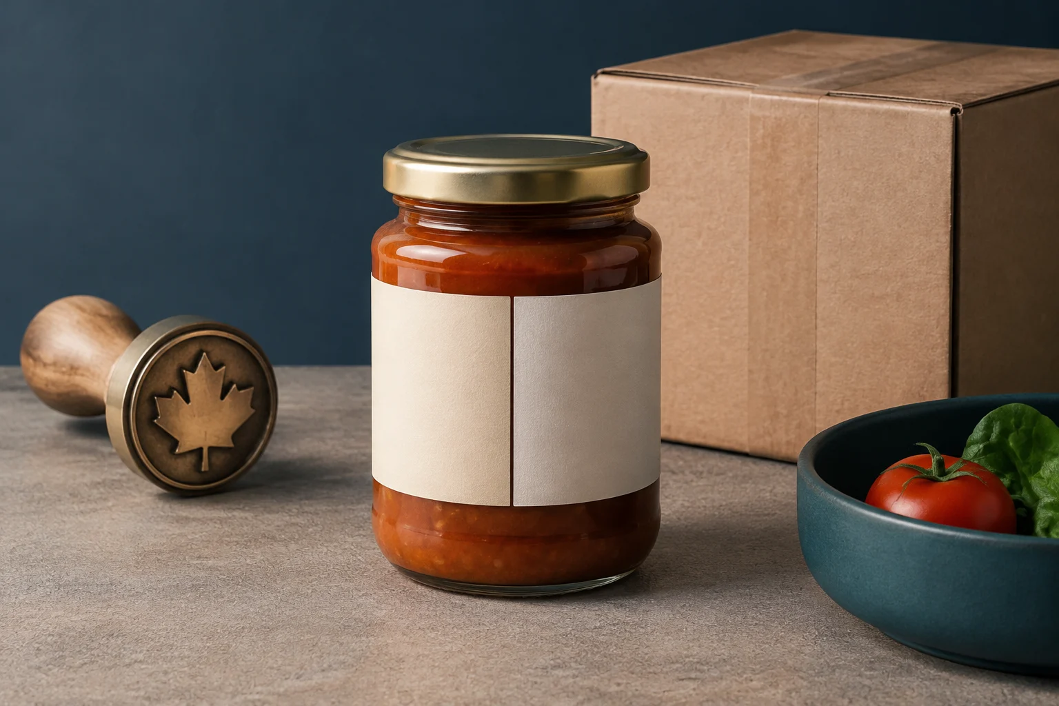 Um pote de vidro com tampa dourada e etiqueta branca vazia dividida em dois painéis, ao lado de um selo de lacre de madeira em forma de folha de bordo, uma caixa de papelão e uma tigela com um tomate e folhas verdes sobre uma superfície cinza.