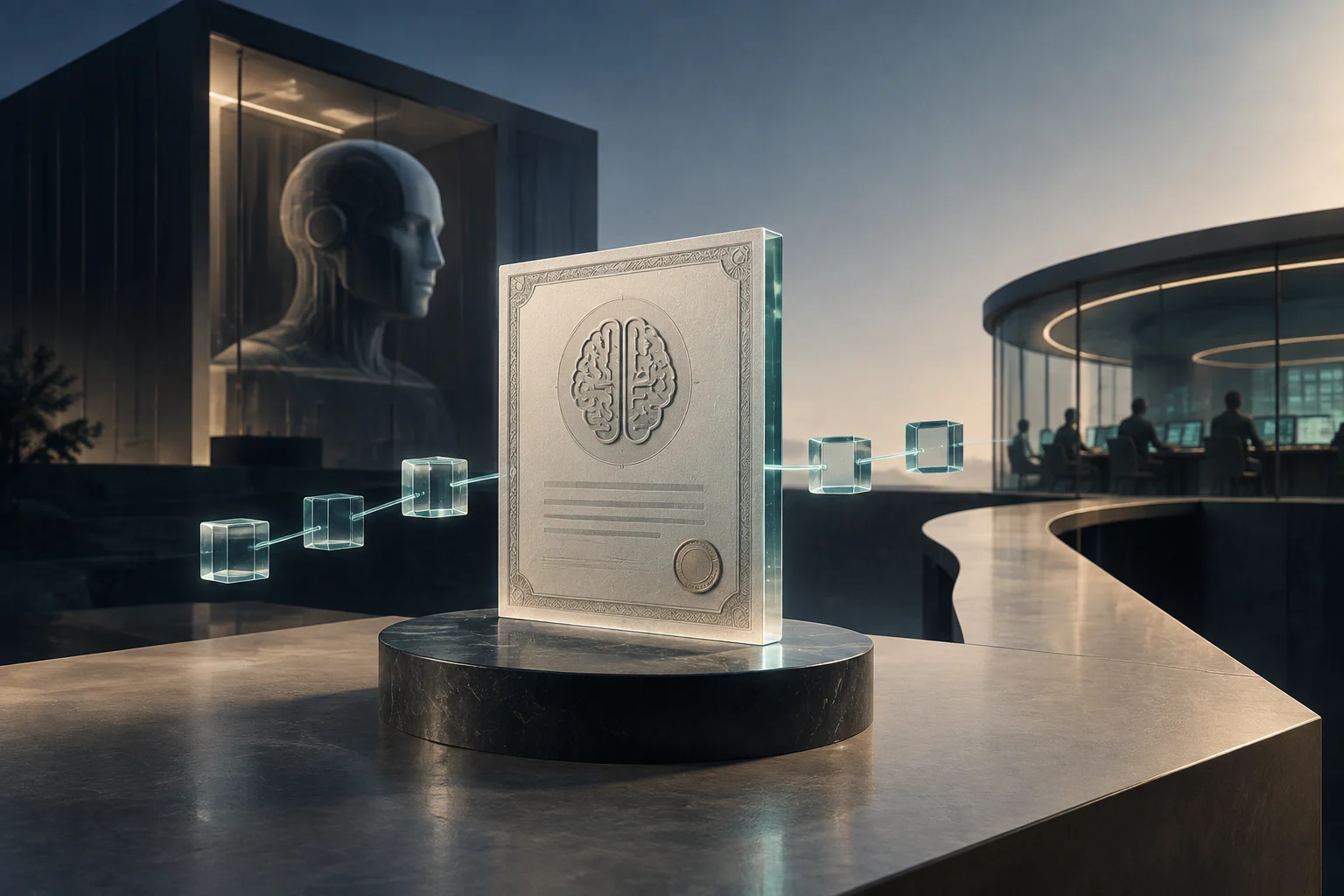 Um documento financeiro com um emblema de cérebro está sobre um pedestal, ligado por uma linha luminosa a vários cubos transparentes. Ao fundo, aparecem uma figura humanoide e pessoas trabalhando diante de telas.