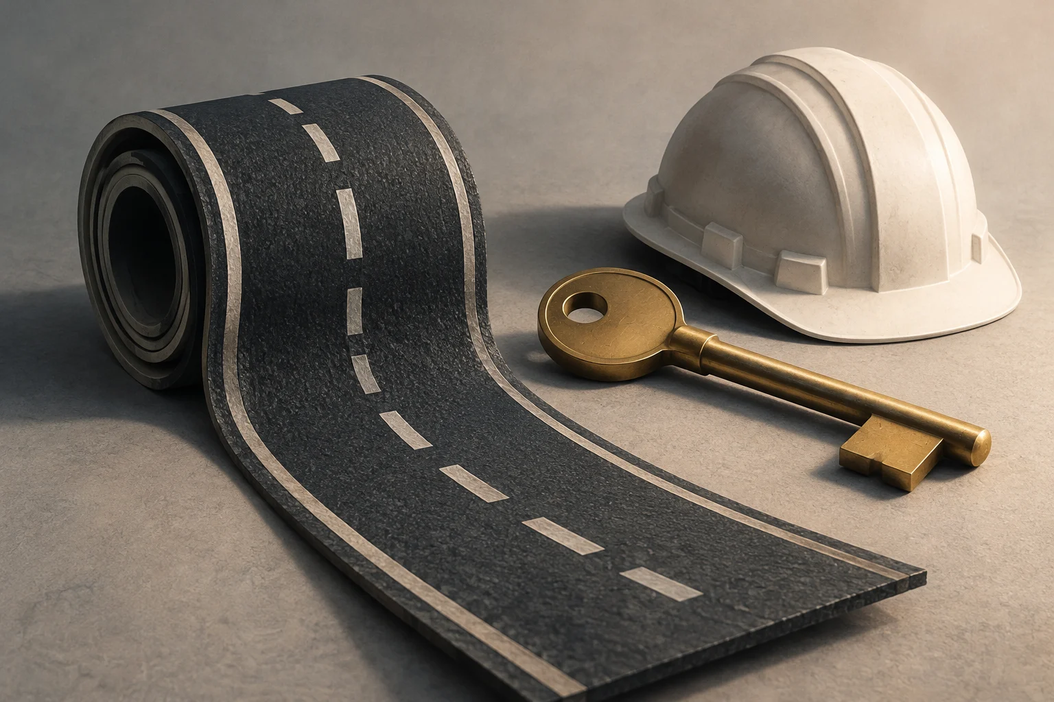 Um trecho de estrada asfaltada com faixas brancas está enrolado ao lado de um capacete de obra branco e uma grande chave dourada, sobre um fundo neutro.