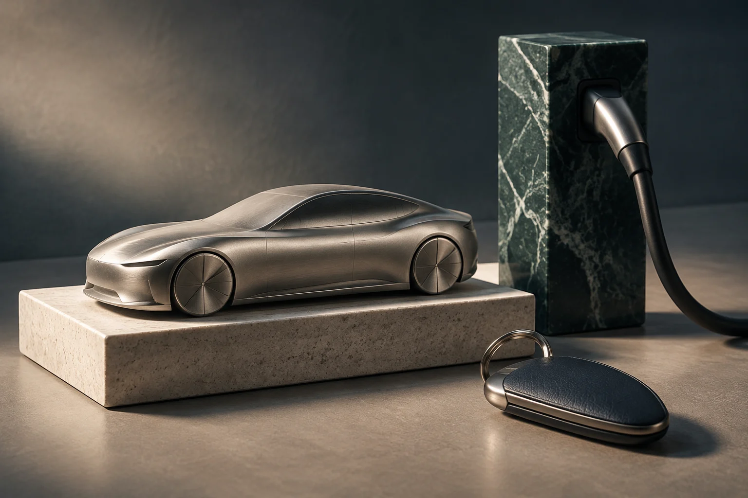 Modelo em escala de um carro elétrico de luxo sobre um pedestal de pedra, ao lado de um carregador de mármore e uma chave.