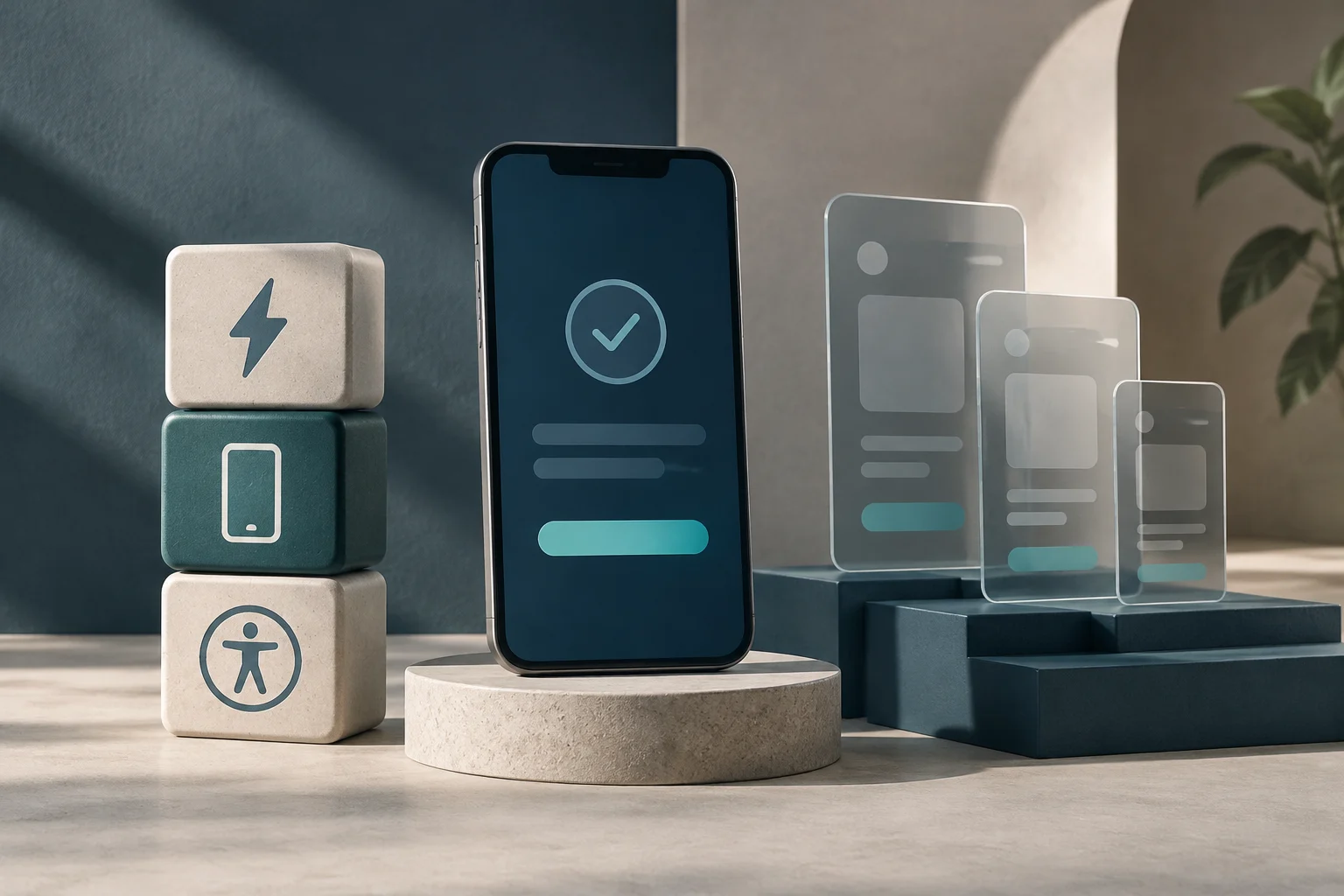 Ilustração 3D de um smartphone sobre um pedestal exibindo uma interface de usuário minimalista. À esquerda, uma pilha de blocos com ícones de velocidade, dispositivo e acessibilidade. À direita, telas translúcidas de diferentes tamanhos representam a adaptabilidade multiplataforma.