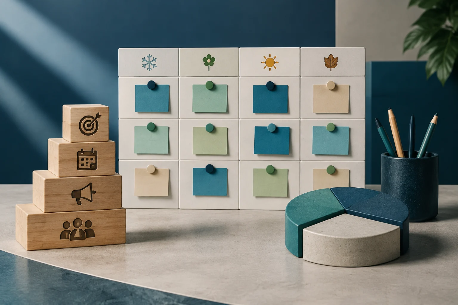 Composição conceitual sobre uma mesa com um quadro de calendário de quatro colunas com ícones de estações e notas coloridas, uma pilha de blocos de madeira com ícones de alvo, calendário, megafone e equipe, e um gráfico de pizza 3D.