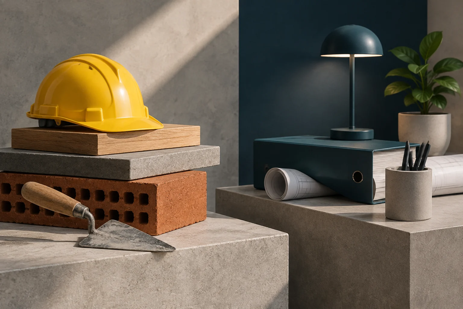 Ilustração conceptual com um capacete amarelo sobre materiais de construção e uma colher de pedreiro, junto a um dossier, plantas enroladas, um candeeiro e lápis.