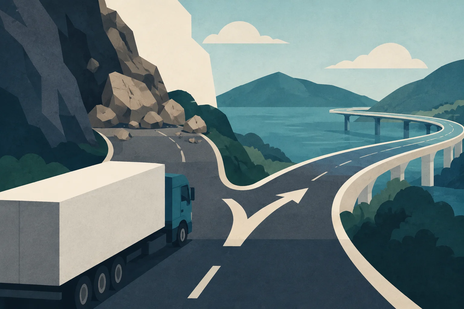 Ilustração de um caminhão em um cruzamento de estrada onde um deslizamento de rochas bloqueia um caminho e uma seta aponta para uma ponte alternativa.