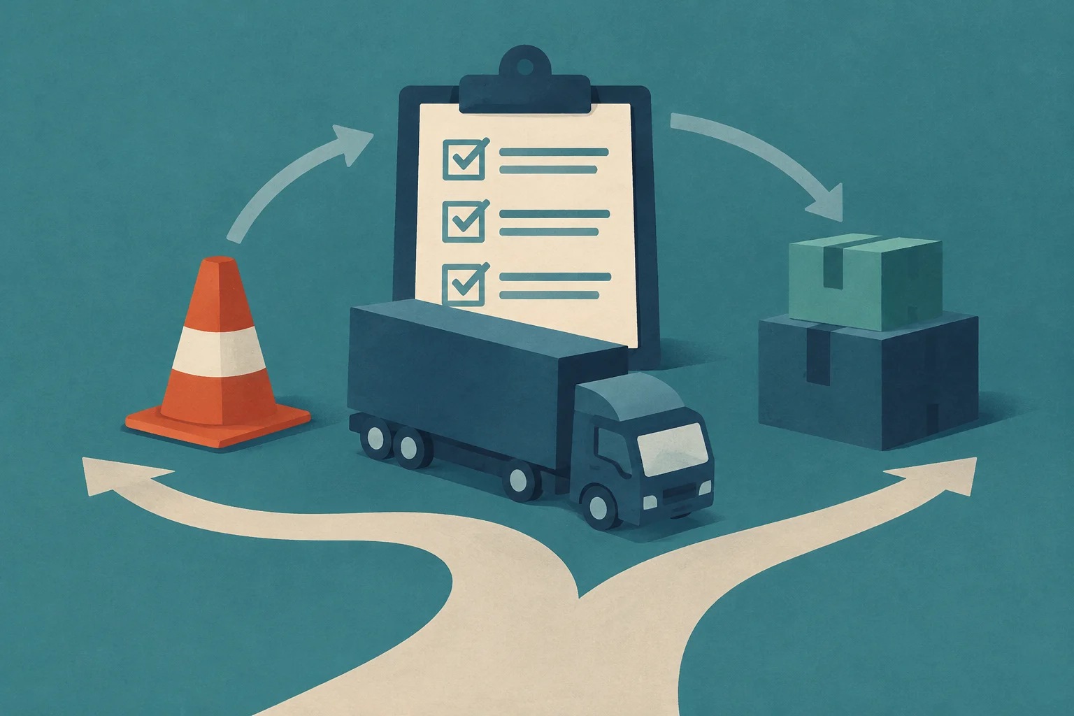 Ilustração conceitual de um caminhão de carga em um cruzamento, com um cone de trânsito à esquerda e caixas de embalagem à direita. No centro, uma prancheta com uma lista de verificação marcada, cercada por setas que sugerem um processo de fluxo ou decisão.