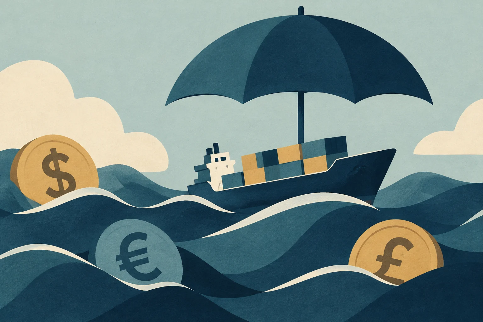 Ilustração conceitual de um navio de carga navegando em ondas azuis sob um grande guarda-chuva, cercado por moedas com símbolos de dólar, euro e libra.