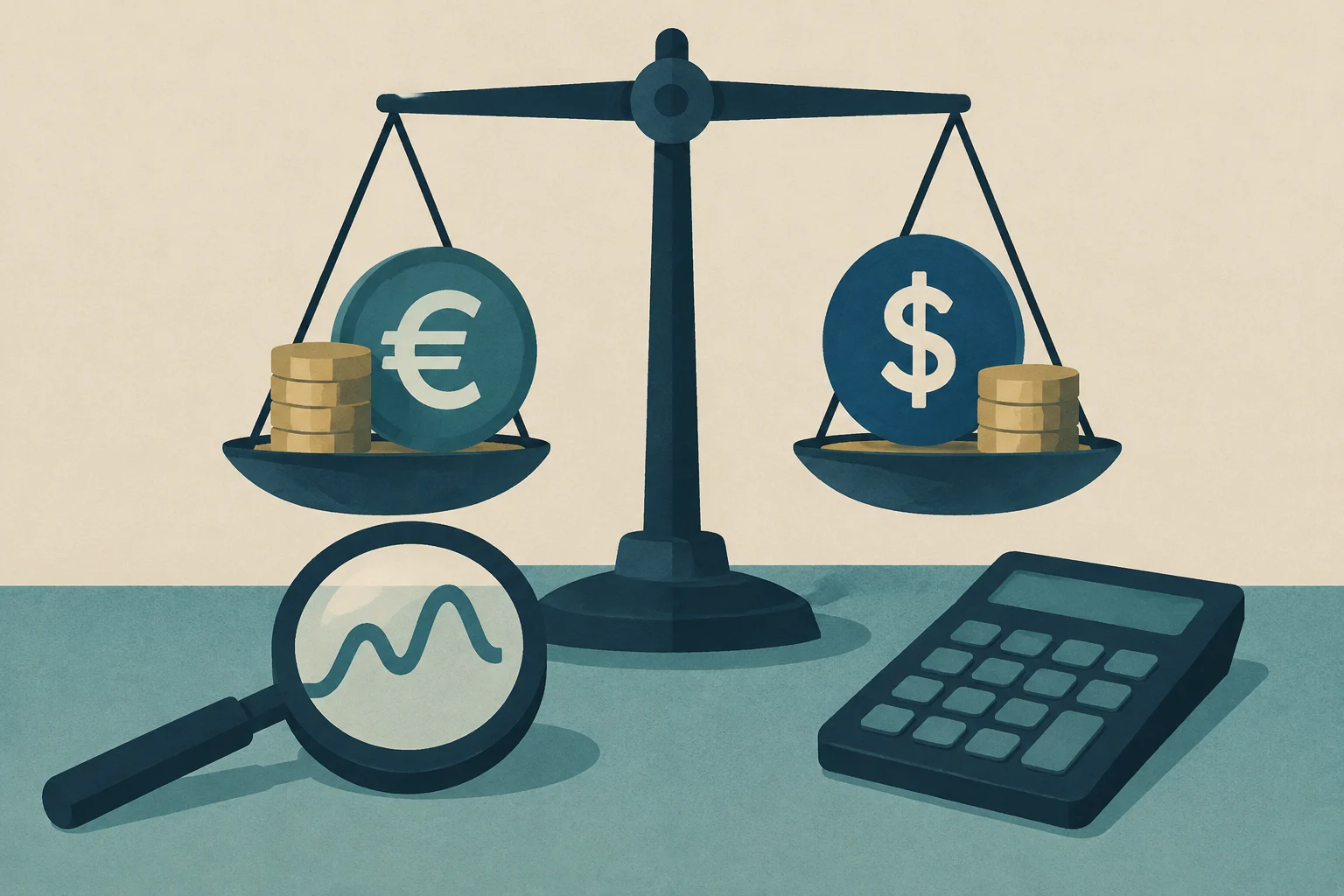 Ilustração conceitual de uma balança com moedas de euro e dólar, uma lupa mostrando uma linha de tendência e uma calculadora sobre uma superfície azul.